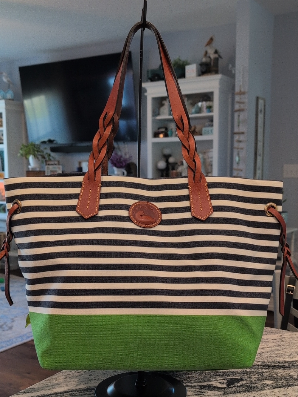 Dooney & Bourke Navy Stripe and Green Canvas Tote with Brown Leather Trim